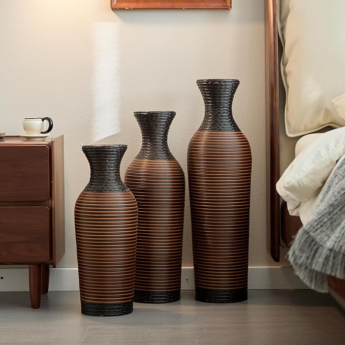 3 Pack Floor Vases Home Decor Large Tall, Modern Vintage PVC Vase for Living Room Floor Vase Set for Decorative Home 24-28 Inch 3pcs Black+Brown