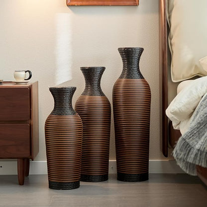 Black and Brown PVC Floor Vase Set of 3, Modern Decorative Flower Stand, Tall Artificial Vine Vase, Classic Home Decoration Vases for Living Room, Entryway, or Office
