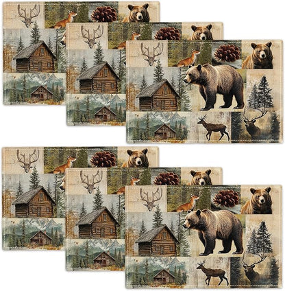 Rustic Bear Deer Fox Cabin Placemats Set of 6, Farmhouse Lodge Place Mats, Country Brown Bear Dining Table Mats, Washable Placemats for Kitchen Dining Room 18L'' × 12W''