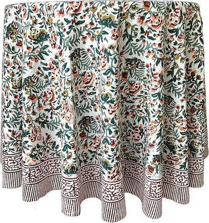ATOSII Ambrosia Green 100% Cotton Round Tablecloth, Handblock Print Floral Table Cloth for Kitchen Dining Linen I Weddings, Outdoors, Thanksgiving, Christmas I Fall Home Decor I 90" Inches Round