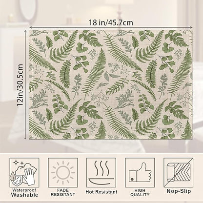 Tropical Fern Herbs Placemats Set of 6,Botanical Floral Leaf Table Mats Non-Slip Heat Resistant Washable Placemat for Party Kitchen Dining Table Decoration Indoor Outdoor
