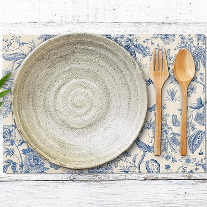6Pcs Blue White Floral Placemats Flower Birds Branches Table Place Mats 12 x 18 in Vintage Non-Slip Heat Resistant Kitchen Dinner Mat for Home Dining Table Decoration
