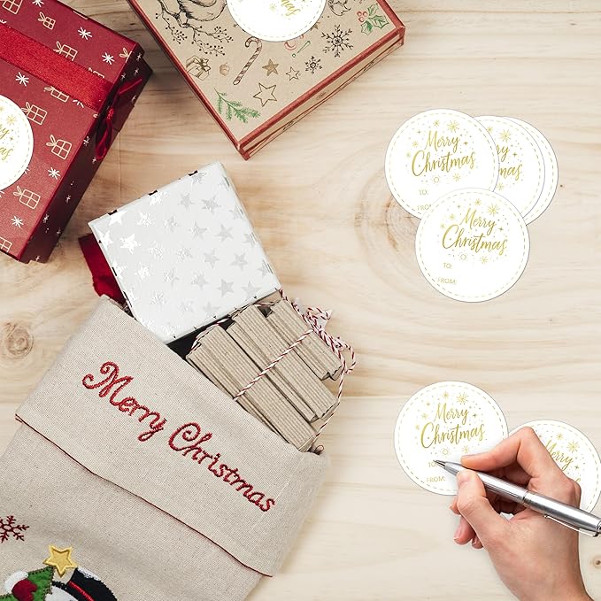 30 Pcs Gold Merry Christmas Gifts Tags Stickers, Christmas Name Tags for Gifts, 2.5x2.5 Inch Holiday Presents Sticker Labels, Festive Chrismas Name Tag for Gift Wrapping Bags Classroom-D31