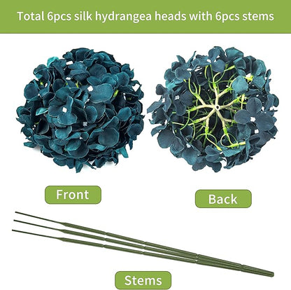 DuHouse Silk Hydrangea Artificial Flower Heads with Stems Fake Hydrangeas Flowers for DIY Wedding Centerpiece Home Decor,Pack of 6(Peacock Blue)
