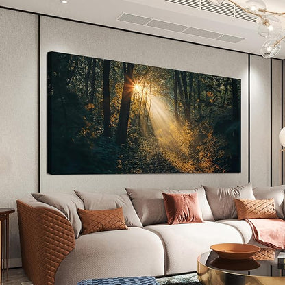 Canvas Wall Art Landscape Dark Green Wall Art Large Sunny Forest Trail Wall Art Decor Artwork For Walls Pictures Prints For Bedroom Decorations Pictures For Living Room Office Wall Decor 24“ X 48”