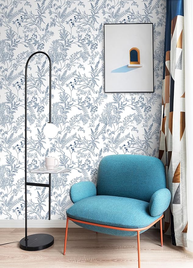 Peel and Stick Wallpaper Blue and White Floral Wall Paper for Bedroom Blue Contact Paper for Cabinets Self-Adhesive Removable Wallpaper for Bathroom Kitchen Wall Decor 197"x17.3"