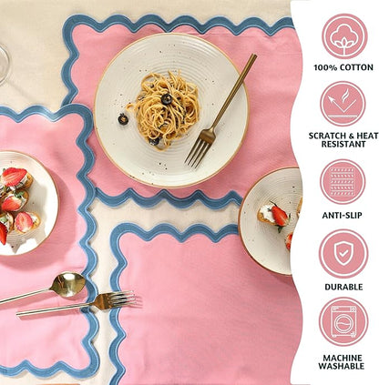 Folkulture Placemats Set of 4 | (13 x 19) 100% Cotton Rustic Place Mats | Heat Resistant Woven Table Mats for Dining Table Decor | Boho Placemats or Scalloped Placemats (Blush)