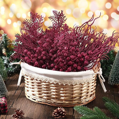 75 Pcs Christmas Glitter Branches 3 Styles Artificial Christmas Picks Berries Stems Pine Needles Floral Twig Spray for Xmas Tree Ornaments DIY Wreath Garland(Burgundy)