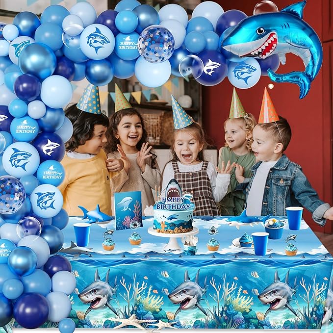 Shark Birthday Party Decorations For Women Men,Happy Birthday Banner,Blue Balloon Arch Kit,Sharks Foil Balloons,Cake toppers