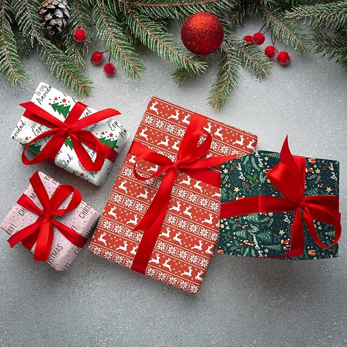 4 Rolls Christmas Wrapping Paper Rolls, 17 Inch x 16.5 Feet per Roll, Totaling 94 sq. ft. – Reindeer, Tree, Snowflake & Pink Letter Designs, Eco-Friendly & Durable Gift Wrap for Christmas Presents and Holiday Decorations
