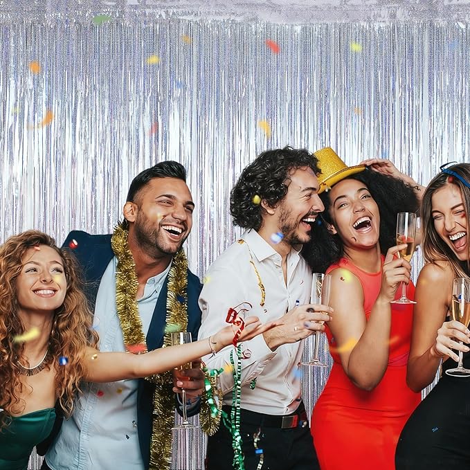 2 Pack New Year Party Decorations, 3.28 FT x 7.05 FT Glitter Silver Fringe Curtains, Metallic Party Streamer Tinsel Backdrop Foil Curtains, NYE Party Supplies Engagement Decor