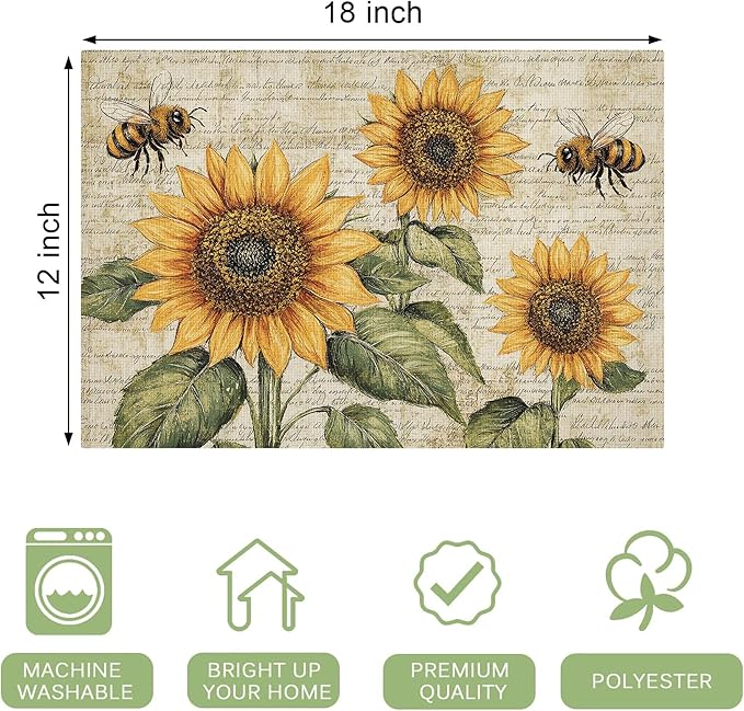 Vintage Sunflower Bee Placemats Set of 6 Washable Table Mats Rustic Spring Summer Floral Heat-Resistant Cotton Linen Place Mats for Dining Table Kitchen Indoor Outdoor Party Holiday Decor