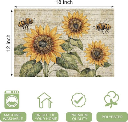 Vintage Sunflower Bee Placemats Set of 6 Washable Table Mats Rustic Spring Summer Floral Heat-Resistant Cotton Linen Place Mats for Dining Table Kitchen Indoor Outdoor Party Holiday Decor