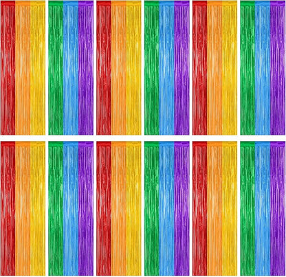 12 Pack Rainbow Backdrop, 3.28 FT x 7.05 FT Pride Decorations, Metallic Fringe Curtains Party Streamer Tinsel Backdrop, Rainbow Foil Curtains Birthday Party Decor Photo Booth Props