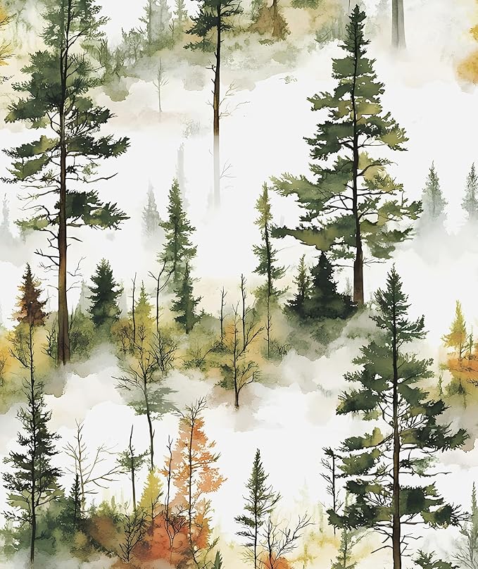 Autumn Forest Wallpaper Peel and Stick, Green/Yellow Pine Trees Contact Paper,Woodland Landscape Wall Mural Self Adhesive Waterproof Removable for Bathroom Shelves Cabinet Drawer Table 17.5" x 118"