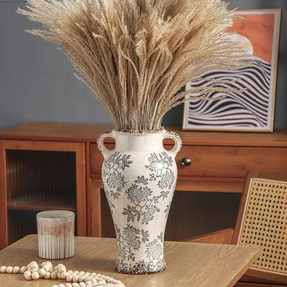 Enra Vintage vase with Handle,12.6 inch Blue and White Ceramic Decorative Flower vase, Chinoiserie Floral Vase,Large Rustic Vases for Home Decors, Living Room, Bookshelf, Office