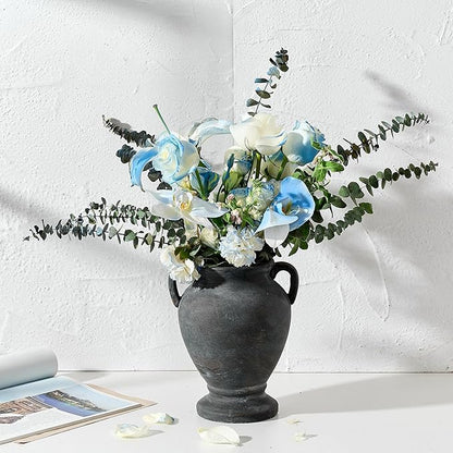 Ceramic Rustic Flower Vase with Handles, 8.36 Inch Tall Vintage Pottery Home Decor, Farmhouse Terracotta Vase for Living Room, Table, Shelf, Mantel Decoration, Farmhouse- Black Bronze