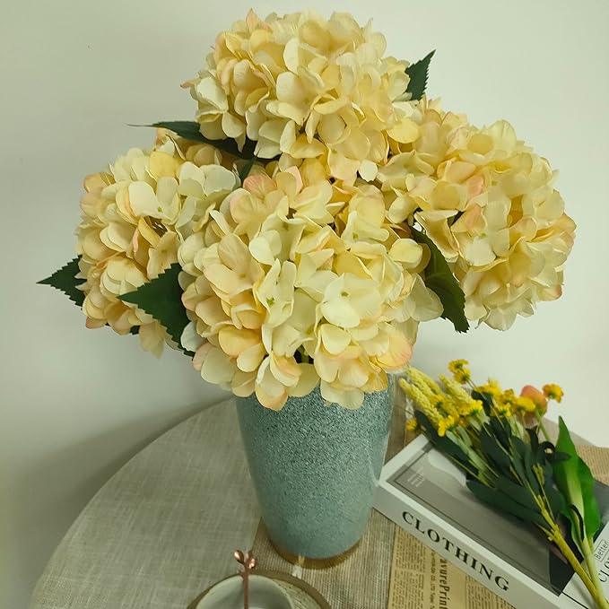 Hydrangea Artificial Flowers,6 Pcs Faux Hydrangea Flowers,Artificial Hydrangeas Flowers with Stems,Fake Hydrangeas,Silk Hydrangeas Flowers with Stems for Home Decor (6, Champagne)