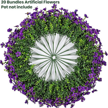 20 Bundles Artificial Flowers for Outdoor Fake Plants for Spring Decoration,Faux Eucalyptus Flowers for Planter UV Resistant Lifelike for Home Porch Garden（Purple）