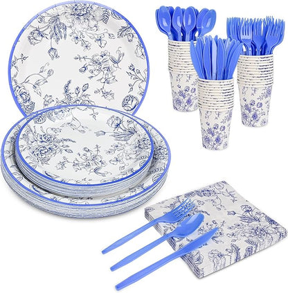 175Pcs Blue Floral Paper Plates and Napkins 25 Guests Blue Toile Chinoiserie Party Supplies Set Include Plates Napkins Cups Spoons Forks Knives for Birthday Wedding