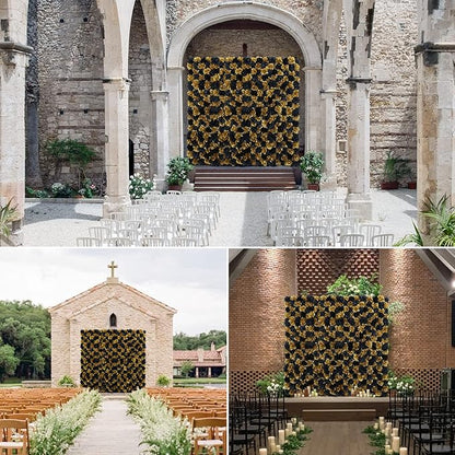 Artificial Flower Panels Rose Black Gold 15 * 15inch -12Pack 3D Floral Wall Backdrop for Party Stage Event Party Gothic Live Streaming Photography Anniversary Background Arrangement Decor