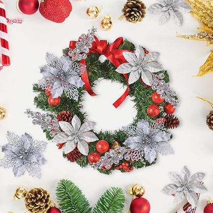 24Pcs Silver Glitter Poinsettia Christmas Tree Ornaments and Glitter Berries Stems, 16Pcs Christmas Artificial Flowers and 8 Pack Christmas Tree Picks for Wedding Holiday Decorations