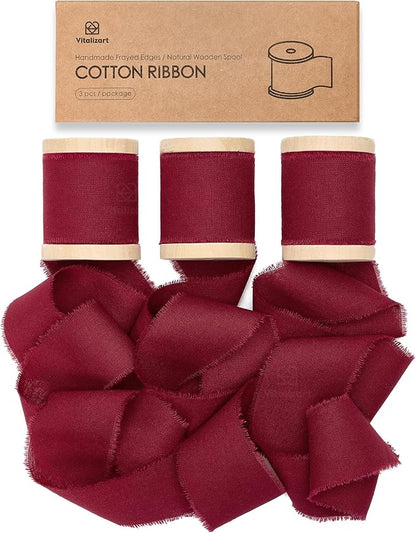 Vitalizart Burgundy Red Ribbon 1-1/2" x 15 Yd 100% Cotton Handmade Frayed Fringe Fabric Ribbons for Gift Wrapping Wedding Invites Bridal Shower Bouquets Christmas Decorations