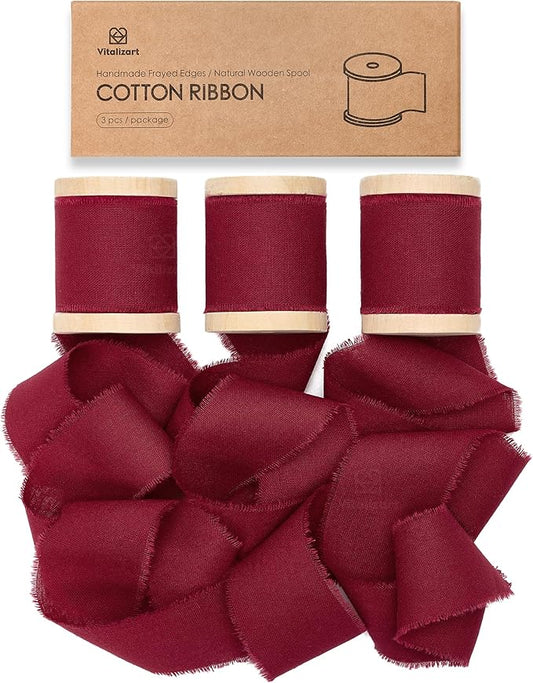Vitalizart Burgundy Red Ribbon 1-1/2" x 15 Yd 100% Cotton Handmade Frayed Fringe Fabric Ribbons for Gift Wrapping Wedding Invites Bridal Shower Bouquets Christmas Decorations
