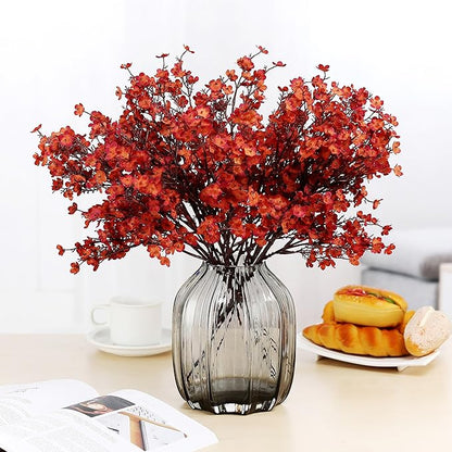 JAKY-Global Babys Breath Silk Artificial Flowers Bulk with Vase 10pcs Fall Decor Fake Flower Bouquet Bulk for Home Kitchen Indoor Arrangement Table Centerpieces Party Decor(Burnt Red Brown with Vase)