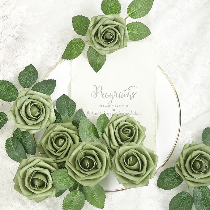 Artificial Flowers, 50pcs Artificial Rose for DIY Wedding Bouquets Centerpieces Flowers Arrangements, Elf Green Fake Flowers with Stems for Bridal Shower Graduation Events Decoration