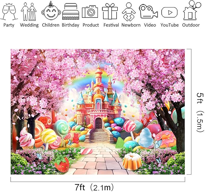 Riyidecor Princess Candyland Castle Backdrop Pink Fairy Sakura Rainbow 7Wx5H Feet Flower Floral Fantasy Tale Wonderland Photography Background Birthday Wedding Photo Studio Shoot Polyester Fabric