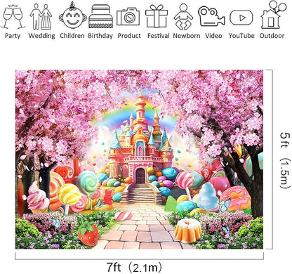 Riyidecor Princess Candyland Castle Backdrop Pink Fairy Sakura Rainbow 7Wx5H Feet Flower Floral Fantasy Tale Wonderland Photography Background Birthday Wedding Photo Studio Shoot Polyester Fabric