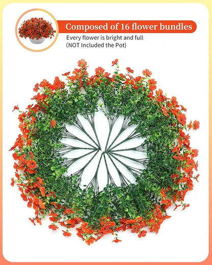 Fake Mums Faux Flowers for Outdoor Planters 16 Bundles UV Resistant Artificial Eucalyptus Plants Outside Fall Yard Decoration Realistic Silk Daisy Patio Front Porch Garden Pots Decor-Orange Red
