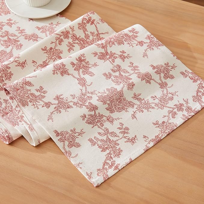 100% Cotton French Pastoral Table Runners, 13x36 Inch red Farmhouse Table Runners 36 Inches Long, Vintage Flowers Print Home Decors