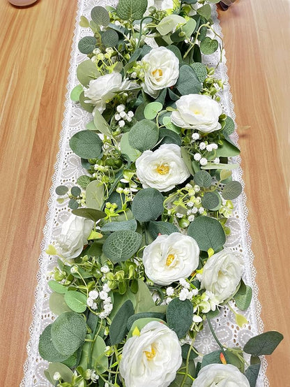 2 Pack 12Ft Artificial Eucalyptus Flower Garland with White Roses, Faux Floral Greenery Garland Fake Flower Vines for Wedding Party Centerpiece Table Runner Arch Party Decor (2PCS,White