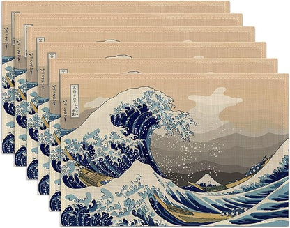 Japanese Style Waves Placemats Set of 6,Washable Heat Resistant 12×18 Inch Linen Table Mats,Place Mats for Party Outdoor Dining Décor