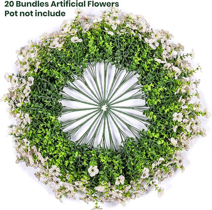 20 Bundles Artificial Flowers for Outdoor Fake Plants for Spring Decoration,Faux Eucalyptus Flowers for Planter UV Resistant Lifelike for Home Porch Garden（White）