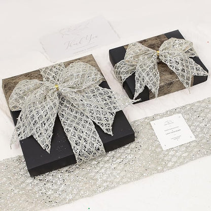 VATIN 6" Champagne Christmas Ribbon, Silver Glitter Mesh Diamond Web Sequin Dots Wired Christmas Ribbon for Gift Wrapping Bow Making Wreath Supply-10 Yards