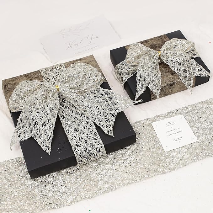 VATIN 4" Champagne Christmas Ribbon, Silver Glitter Mesh Diamond Web Sequin Dots Wired Christmas Ribbon for Gift Wrapping Bow Making Wreath Supply-10 Yards