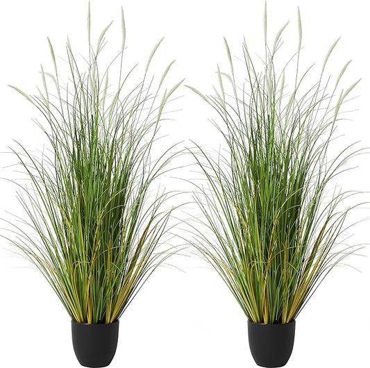KOL 4ft 2-Pack Artificial Cattail Reed Grass, 47.2’’ Artificial Indoor Outdoor Fake Onion Grass Plant, Home Office Wedding Decorative Potted Plant, Faux Floor Greenery, Housewarming Gift, White