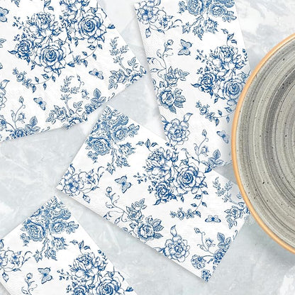 100pcs Blue Floral Napkins Disposable Hand Towels for Bathroom 3 Ply Blue and White Guest Decorative Paper Napkins for Bridal Tea Wedding Birthday Party Supplies Table Decorations
