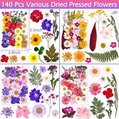 140 Pcs Dried Pressed Flowers for Resin, Real Pressed Flowers Dry Leaves Bulk Natural Herbs Kit for Scrapbooking DIY Art Crafts, Epoxy Resin Jewelry Molds, Candle, Soap Making, Nails Décor