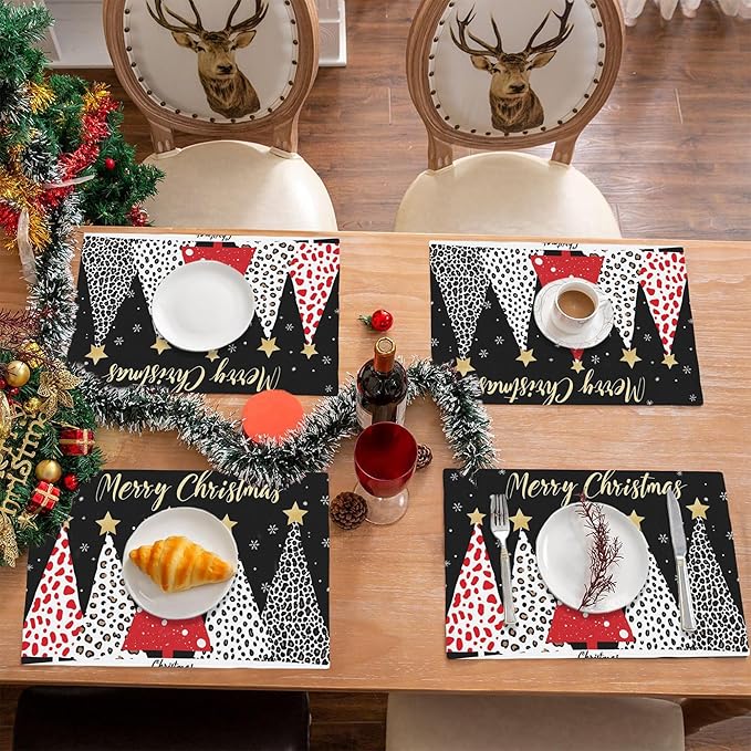 Merry Christmas Placemats Set of 4,Christmas Tree Placemats Dining Table Mat Set,12x18 Washable Stain Resistant Wipeable Cloth Placemat for Kitchen Buffet Parties