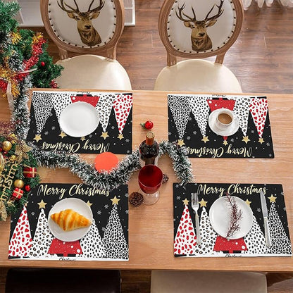 Merry Christmas Placemats Set of 4,Christmas Tree Placemats Dining Table Mat Set,12x18 Washable Stain Resistant Wipeable Cloth Placemat for Kitchen Buffet Parties