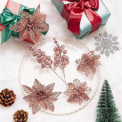 22Pcs Poinsettia Artificial Flowers and Glitter Berries Stems Kit, 16Pcs Christmas Tree Flowers Ornaments and 6 Pack Christmas Tree Picks for Wedding Holiday Decorations (Rose Gold)