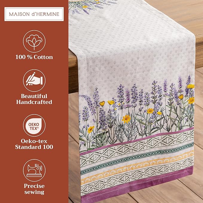 Maison d' Hermine Table Runner 100% Cotton Single Layer Table Runners 108 inches Long Decorative for Home Kitchen Dining Party Wedding Bridal Shower Spring Summer (Fanny Lavender, 14.50" x 108")