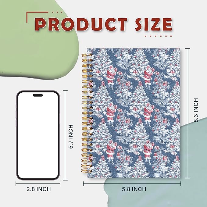 VIIJJUE Blue and White Chinoiserie Christmas Santa Notebook for Women, Blue Red French Country Toile de Jouy Journal, Xmas Tree Santa Holiday Hardcover Spiral Notebooks, 5.5x8.3 Inch
