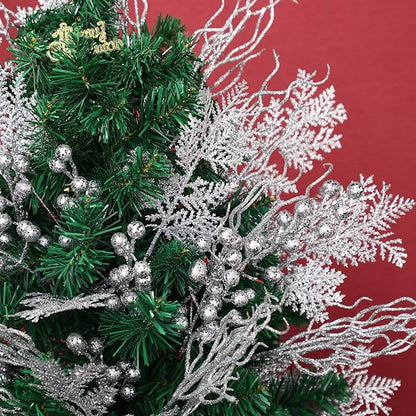 75 Pcs Christmas Glitter Branches 3 Styles Artificial Christmas Picks Berries Stems Pine Needles Floral Twig Spray for Xmas Tree Ornaments DIY Wreath Garland(Silver)