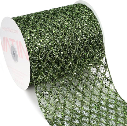VATIN 6" Moss Green Christmas Ribbon, Green Glitter Mesh Diamond Web Sequin Dots Wired Christmas Ribbon for Gift Wrapping Bow Making Wreath Supply-10 Yards