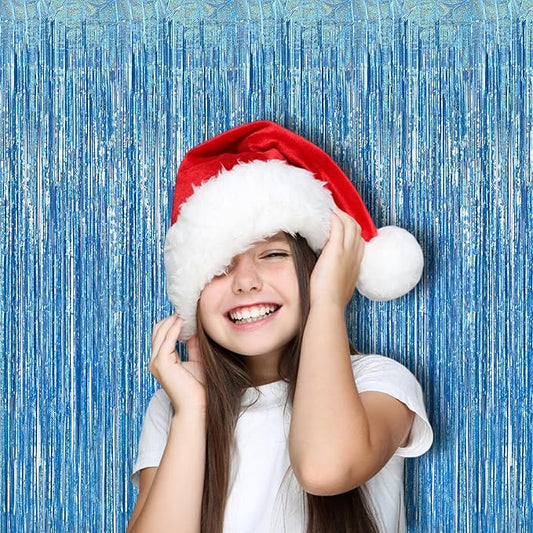 BRAVESHINE Light Blue Tinsel Foil Fringe Curtains - 2Pcs 3.2x8.2 ft Metallic Holiday Streamers Backdrop for Christmas/Winter’s Snowflake/Frozen/Birthdays/Mermaid/Bachelorette/Engagement Party Decor